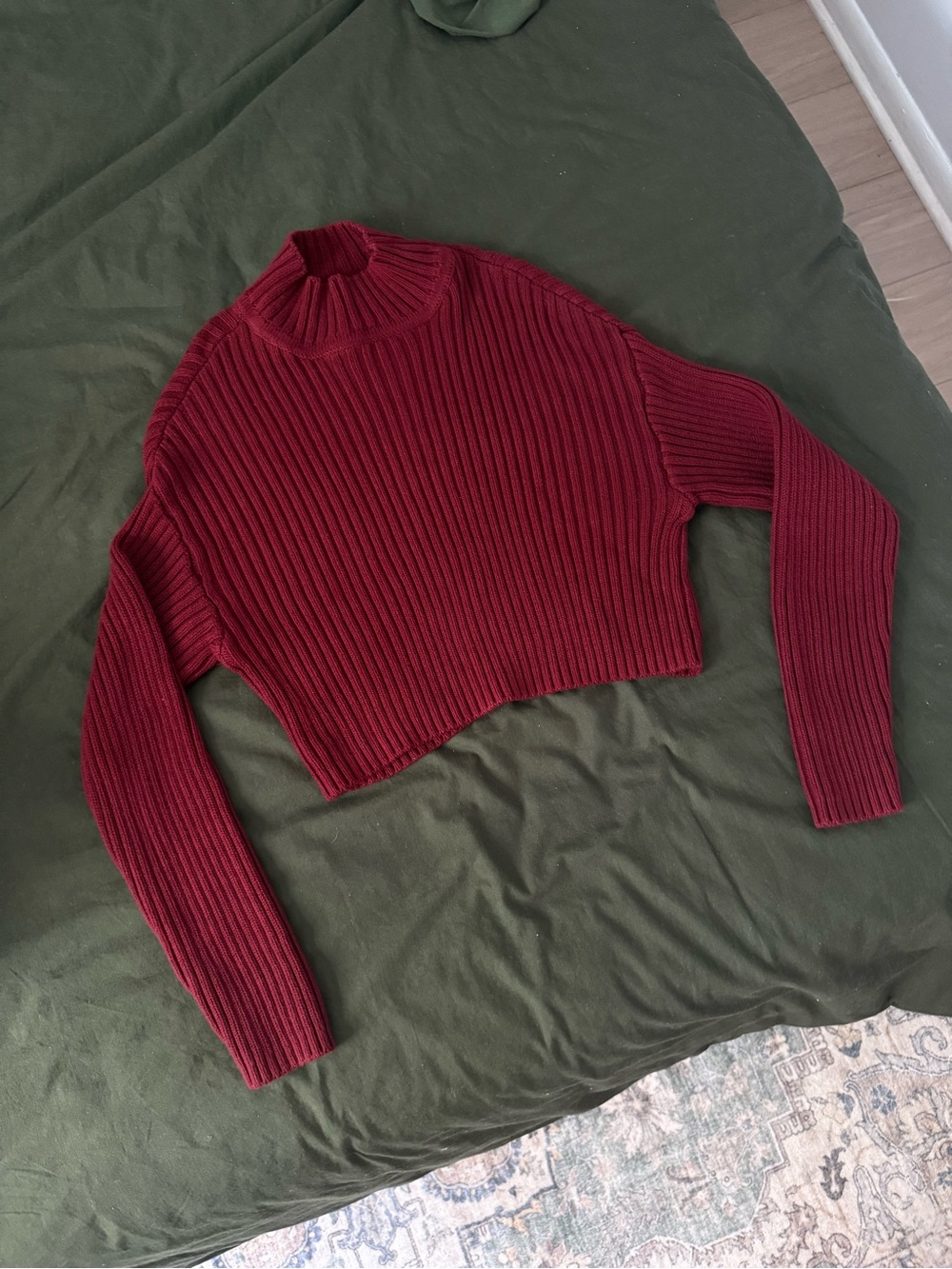 Red Cropped Ribbed Mock Neck Sweater